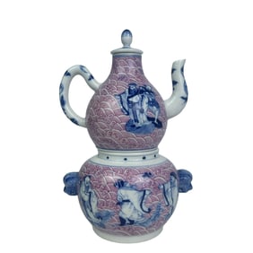 Blue and white porcelain wine warmer with rouge-red Eight Immortals Crossing the Sea design