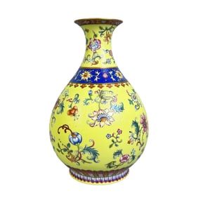 Famille Rose Yellow Ground with Scrolling Floral Design, Yuhuchun Vase