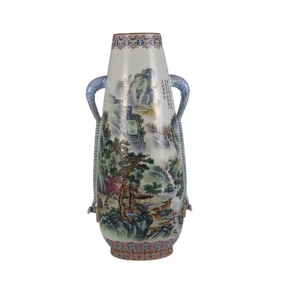Famille Rose Landscape and Figure Elephant Ear Vase