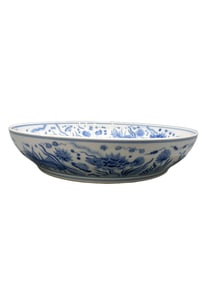 Blue and white porcelain plate with fish and seaweed design