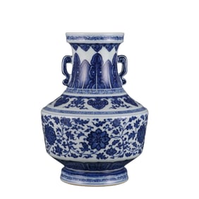 Blue and white porcelain vase with lotus scroll design and double handles