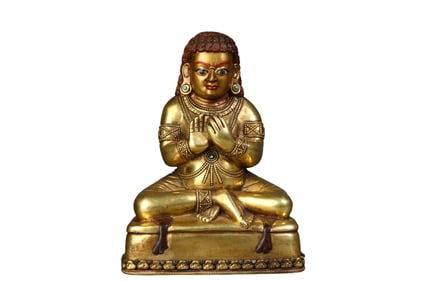 Gilded bronze Tibetan Buddhist statue of the God of Wealth, scholar's desk ornament