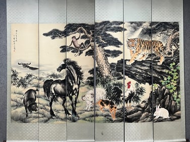 Xu Beihong's Twelve Zodiac Animals in Six Landscape Paintings on Paper