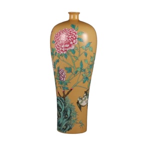 A beige-glazed plum vase with famille rose floral and bird designs and an inscription.