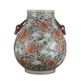 Celadon-glazed relief-gilded famille rose eight auspicious symbols ball-shaped deer-head vase