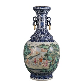 Blue and white porcelain vase with famille rose enamels depicting eight barbarians bringing