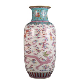 Large famille rose vase with double dragons playing with a pearl design