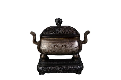 Pure copper inlaid with silver double-eared incense burner for scholar's study