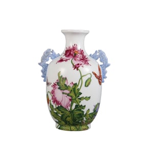 A pair of enamel-painted poppy-patterned double-eared vases