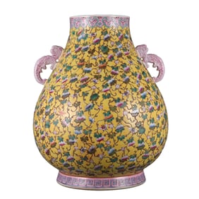 Yellow ground, famille rose, melon and butterfly motif, auspicious and lucky ears, symbolizing good