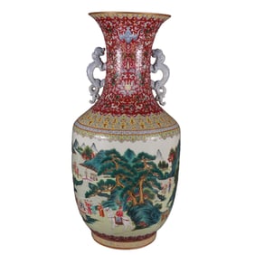Famille Rose Eight-Peak Vase with Figures and Stories, Double Dragon Handles and Flared Mouth