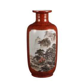 Wood-grain glazed windowed ink landscape pavilion stick bottle