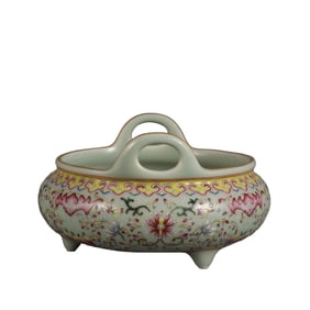 Celadon-glazed incense burner with famille rose lotus scroll design and double handles