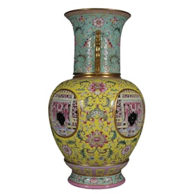Famille Rose Yellow Ground Lotus Openwork Four-Section Revolving Vase with Double Handles