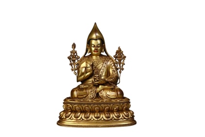 Gilt bronze Tsongkhapa Tibetan Buddhist statue, scholar's desk ornament