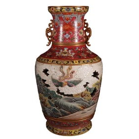 Carved porcelain in famille rose and rouge red.“The phoenix arrives, and all birds pay homage to