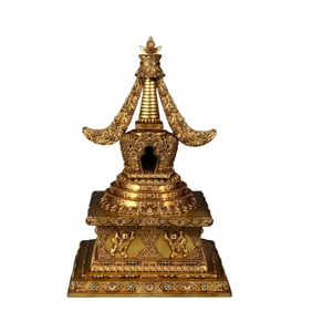 Gilt bronze inlaid with various treasures, a Buddhist shrine and scholar's ornament