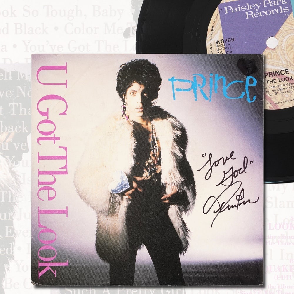 PRINCE SIGNED "U GOT THE LOOK" 7-INCH SINGLE (PAISLEY PARK, 1987): 7 1/8 x 7 1/8 in Provenance and Authentication: This collectible has undergone a rigorous forensic evaluation. The signatures were carefully analyzed across multiple criteria, including ink deposition