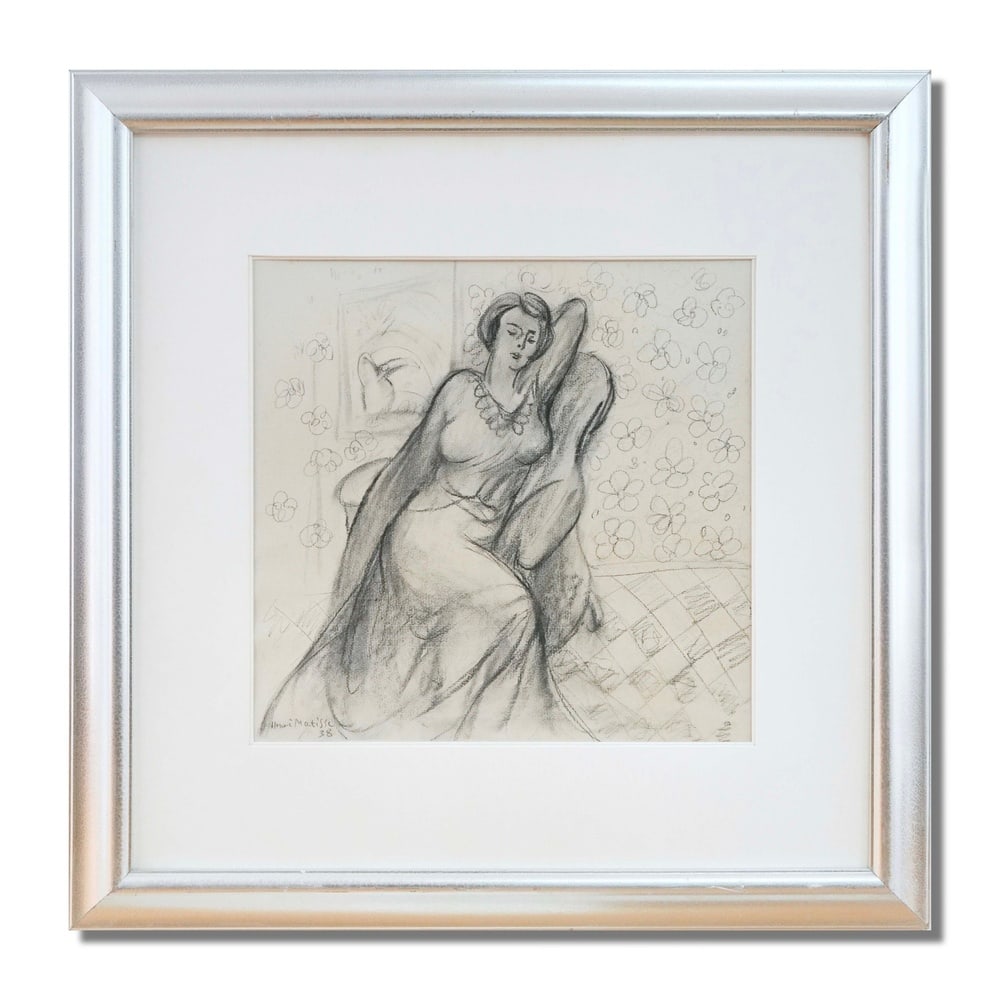 HENRI MATISSE (1869-1954), ATTRIBUTED TO, PENCIL ON PAPER: Image Dimensions: 19 5/8 x 19 1/4 in. (50 x 49 cm) Signed lower left This charcoal drawing by Henri Matisse, created in 1938, exemplifies the master's unparalleled ability to evoke grace, emotion, and
