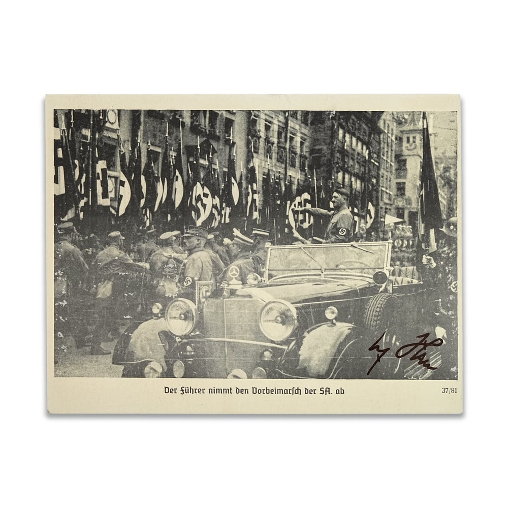ADOLF HITLER SIGNED PROPAGANDA POSTCARD: 5 3/8 x 3 1/2 in (13.5 x 9 cm) Adolf Hitler remains one of the most historically significant and controversial figures of the twentieth century, whose influence over World War II and the political tra