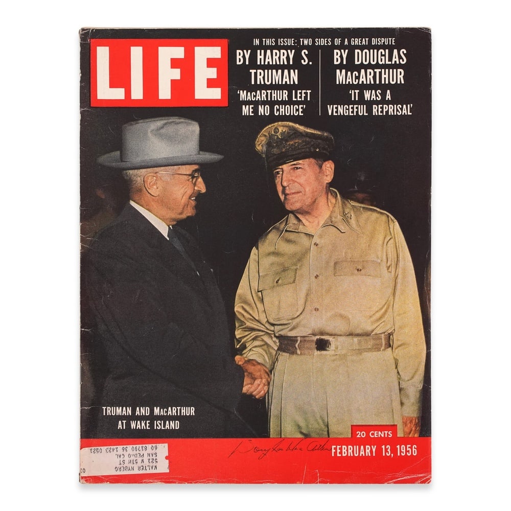 DOUGLAS MACARTHUR SIGNED LIFE MAGAZINE: 14 1/8 x 10 1/2 in (35.7 x 26.7 cm) Provenance and Authentication: This collectible has undergone a rigorous forensic evaluation. The signatures were carefully analyzed across multiple criteria,
