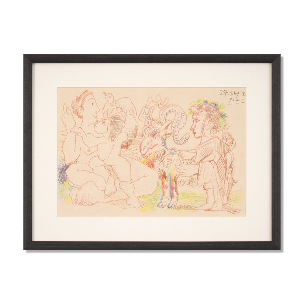 PABLO PICASSO (1881-1973), ATTRIBUTED TO, COLORED WAX CRAYONS ON PAPER: Signed (upper right) Image Dimensions: 15 x 10 1/4 in (38 x 26.1 cm) Framed Dimensions: 19 7/8 x 15 1/4 in (50.5 x 38.5 cm) This painting comes with COA. "Femme nue, enfant et bélier" (1967) is a