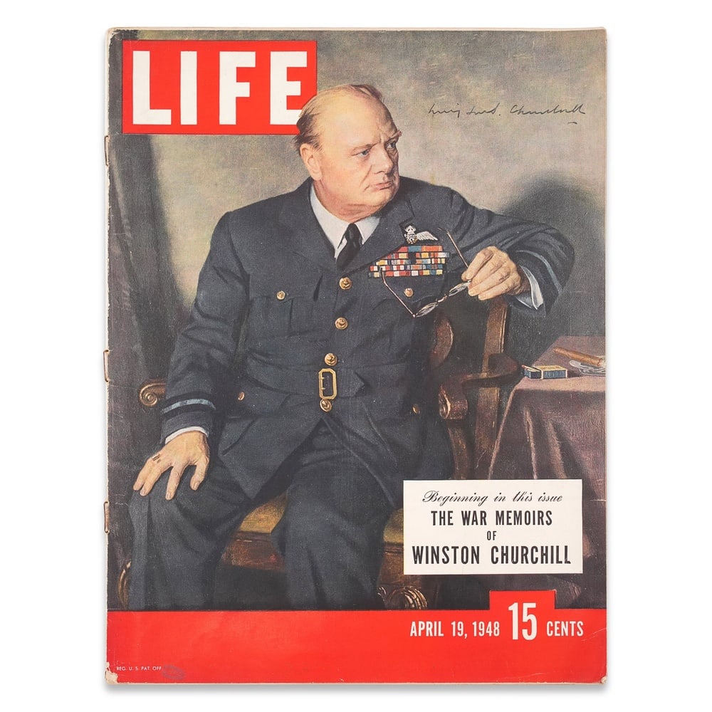 WINSTON CHURCHILL SIGNED "LIFE" MAGAZINE (APRIL 19, 1948 ISSUE): 14 x 10 3/8 in (35.5 x 26.5 cm) Provenance and Authentication: This collectible has undergone a rigorous forensic evaluation. The signatures were carefully analyzed across multiple criteria,