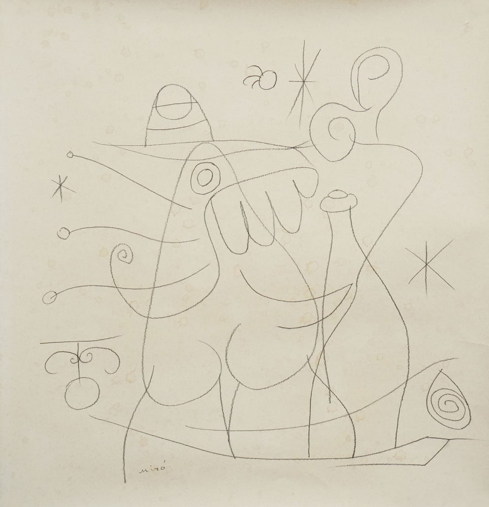 JOAN MIRÓ (1893-1983), ATTRIBUTED TO, PENCIL ON PAPER: Image Dimensions: 22 1/2 x 21 5/8 in (57 x 55 cm) Signed (lower left) This painting comes with COA. This drawing by Joan Miro encapsulates the essence of his surrealist vision through a delicate yet w