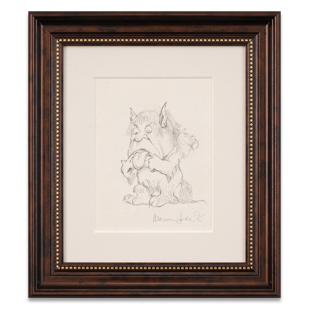 MAURICE SENDAK SIGNED CHARACTER SKETCH: Image Dimensions: 8 3/4 x 6 5/8 in (22.3 x 16.8 cm) Framed Dimensions: 16 5/8 x 14 5/8 in (42.2 x 37 cm) Provenance and Authentication: According to the Letter of Authenticity (LOA) and Certificate