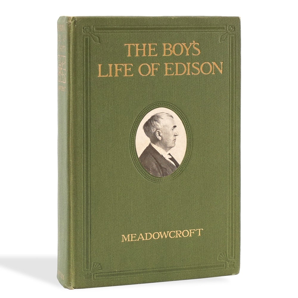 THOMAS A. EDISON SIGNED "THE BOY'S LIFE OF EDISON": 7 1/2 x 5 1/8 in (19.2 x 13 cm) Provenance and Authentication: According to the Letter of Authenticity (LOA) and Certificate of Authenticity (COA) provided by the consignor, this collectible was