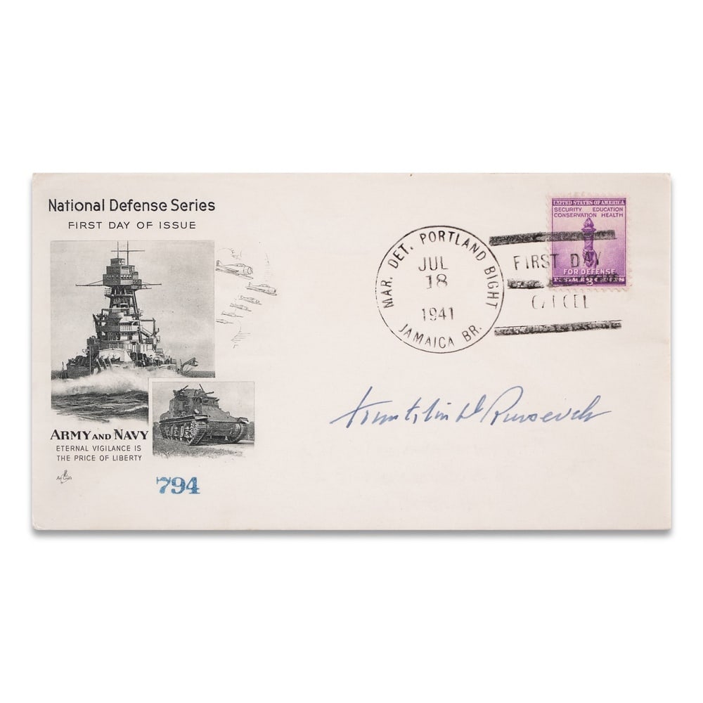 FRANKLIN D. ROOSEVELT SIGNED 1941 U.S. NATIONAL DEFENSE SERIES FIRST DAY COVER: 6 1/2 x 3 5/8 in (16.5 x 9.1 cm) Provenance and Authentication: According to the Letter of Authenticity (LOA) and Certificate of Authenticity (COA) provided by the consignor, this collectible was