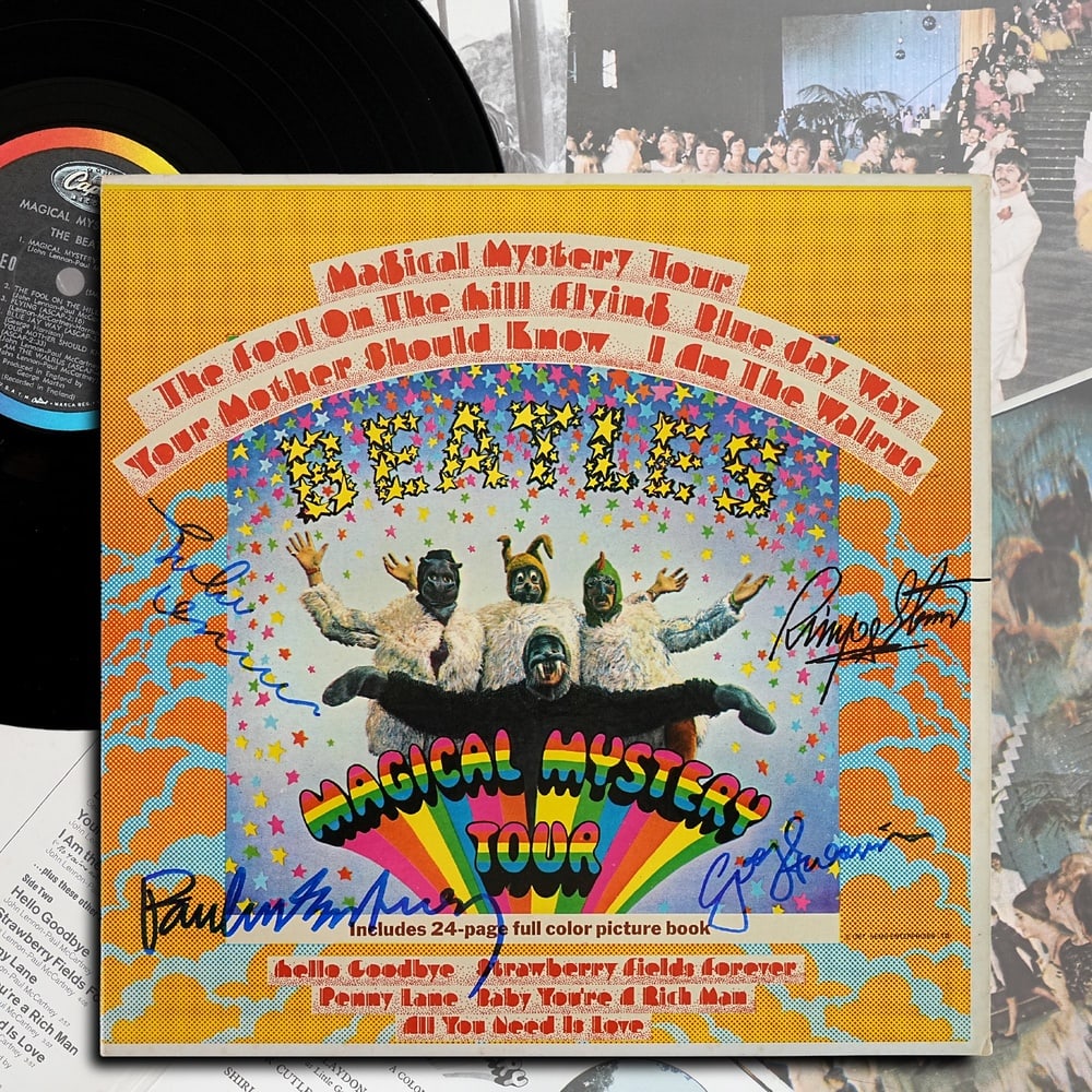 THE BEATLES FULLY SIGNED MAGICAL MYSTERY TOUR US LP: 12 1/4 x 12 1/4 Provenance and Authentication: According to the Letter of Authenticity (LOA) and Certificate of Authenticity (COA) provided by the consignor, this collectible was subjected to a forens