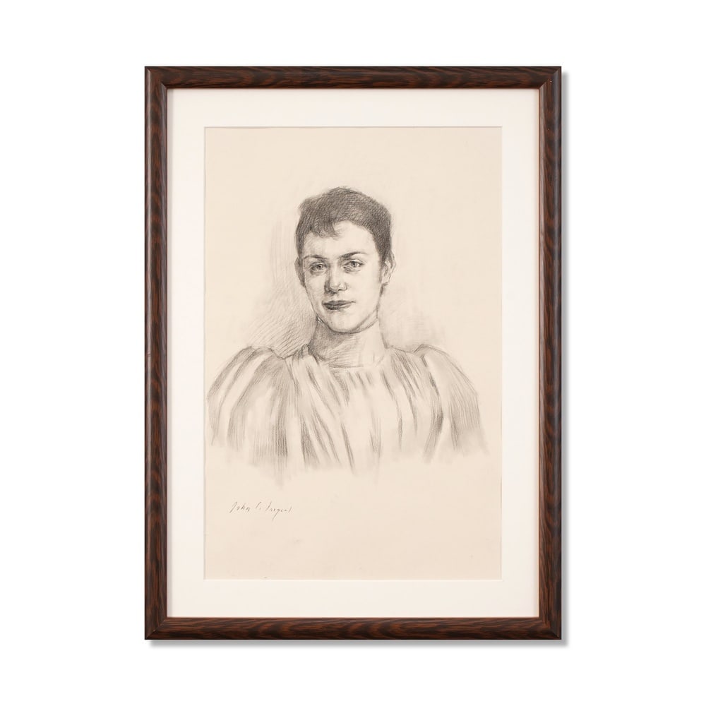 JOHN SINGER SARGENT (1856-1925), ATTRIBUTED TO, CHARCOAL ON PAPER: Signed (lower left) Image Dimensions: 23 3/8 x 15 3/8 in (59.5 x 39 cm) Framed Dimensions: 21 1/8 x 29 1/4 in (53.5 x 74 cm) This painting comes with COA. "Head Study of a Young Woman" (1908) is an in