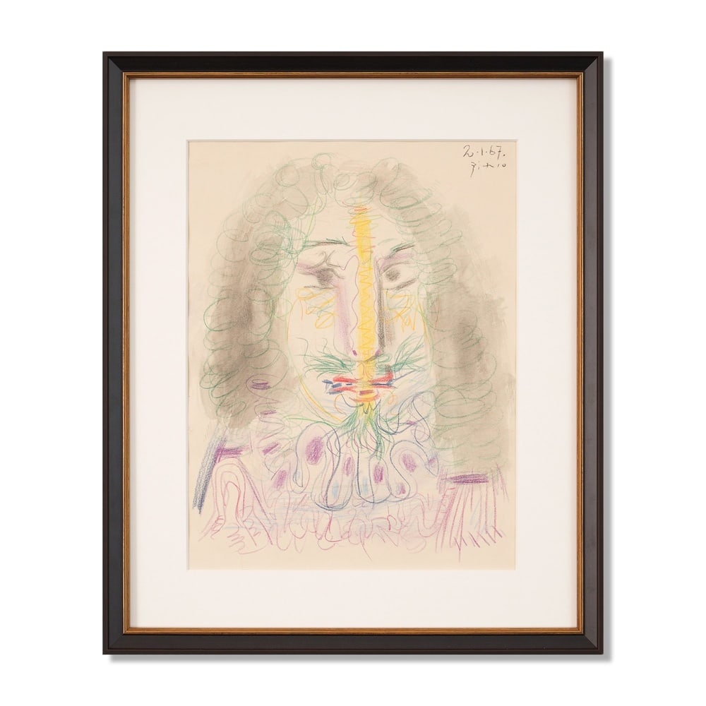PABLO PICASSO (1881-1973), ATTRIBUTED TO, COLORED WAX CRAYONS AND INDIA INK ON PAPER: Signed (upper right) Image Dimensions: 13 3/4 x 10 5/8 in (35 x 27 cm) Framed Dimensions: 15 3/4 x 18 7/8 in (40 x 48 cm) This painting comes with COA. "Mousquetaire, buste" (1967) is a vibrant and ex