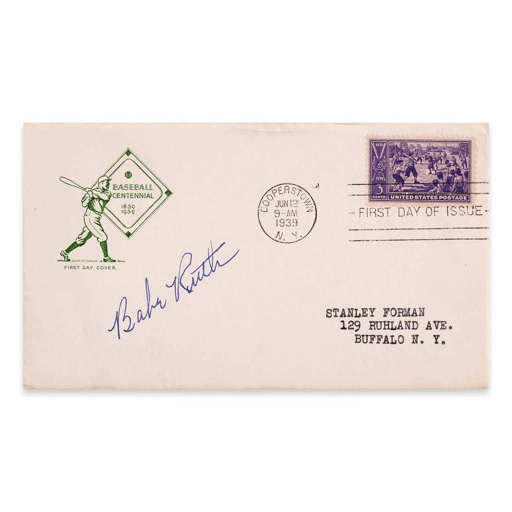 BABE RUTH SIGNED FIRST DAY COVER: 6 1/2 x 3 5/8 in (16.5 x 9.2 cm) Provenance and Authentication: According to the Letter of Authenticity (LOA) and Certificate of Authenticity (COA) provided by the consignor, this collectible was subj