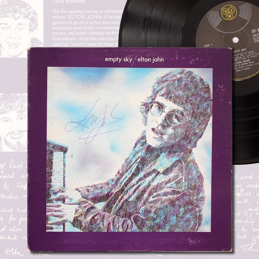 ELTON JOHN SIGNED "EMPTY SKY" LP: 12 1/4 x 12 1/4 in Provenance and Authentication: According to the Letter of Authenticity (LOA) and Certificate of Authenticity (COA) provided by the consignor, this collectible was subjected to a for