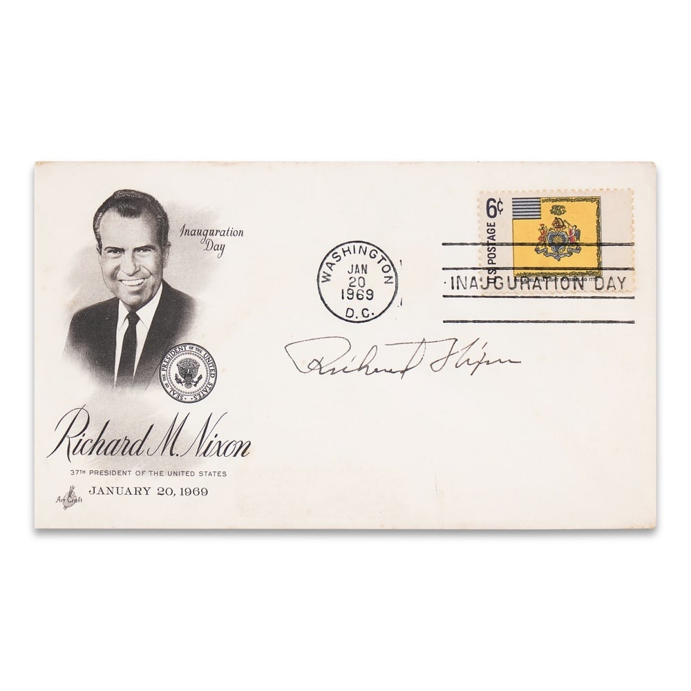 RICHARD NIXON SIGNED 1969 INAUGURATION DAY COVER: 6 1/4 x 3 5/8 in (16 x 9.1 cm) Provenance and Authentication: According to the Letter of Authenticity (LOA) and Certificate of Authenticity (COA) provided by the consignor, this collectible was