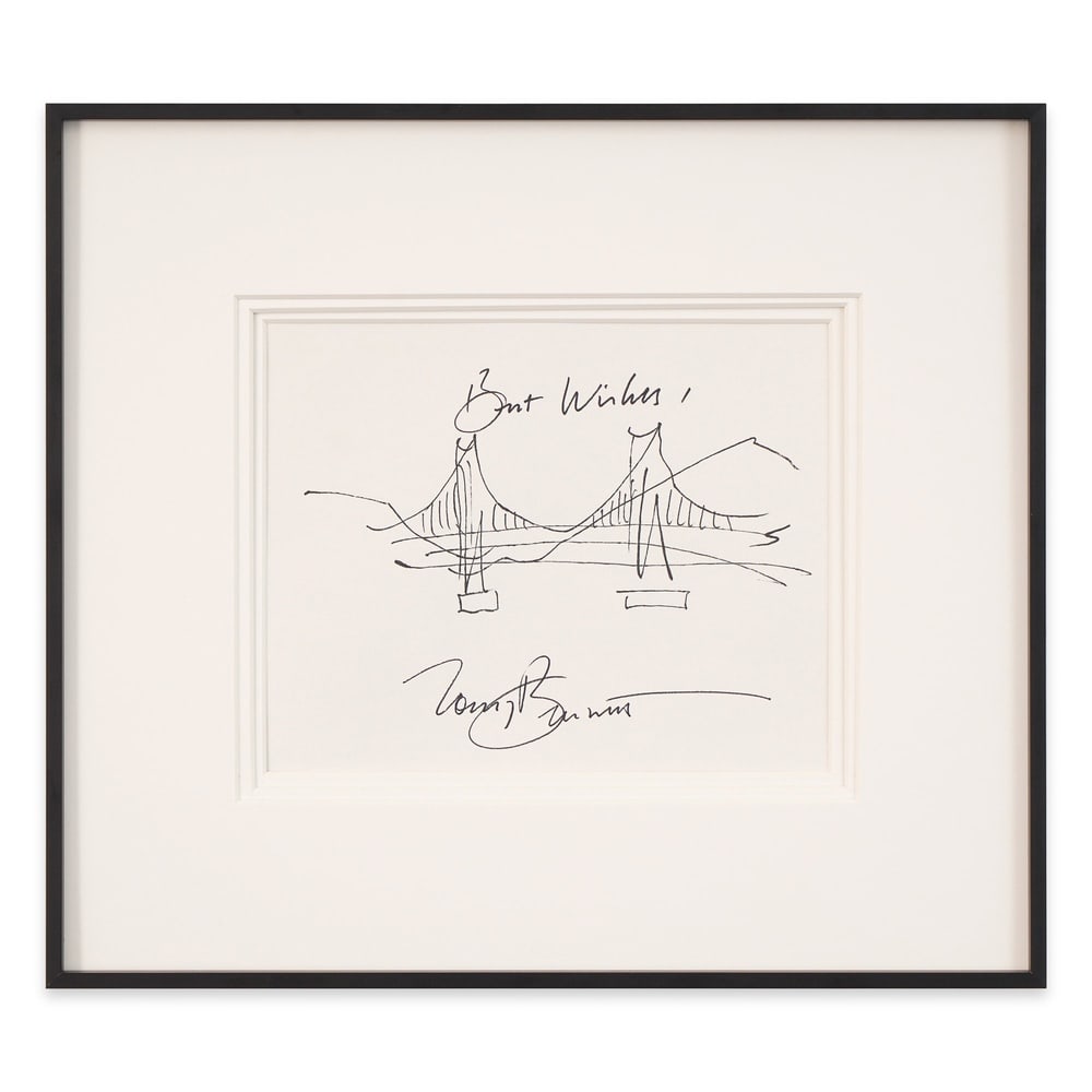 TONY BENNETT SIGNED SKETCH: Image Dimensions: 8 5/8 x 6 3/4 in (21.8 x 17.3 cm) Framed Dimensions: 15 3/8 x 13 5/8 in (39 x 34.5 cm) Provenance and Authentication: According to the Letter of Authenticity (LOA) and Certificate of