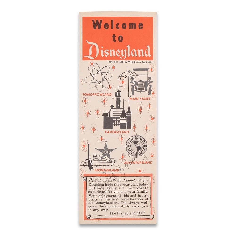 WALT DISNEY SIGNED "WELCOME TO DISNEYLAND" BROCHURE: 12 x 8 1/2 in (30.5 x 21.6 cm) Provenance and Authentication: According to the Letter of Authenticity (LOA) and Certificate of Authenticity (COA) provided by the consignor, this collectible was subjec