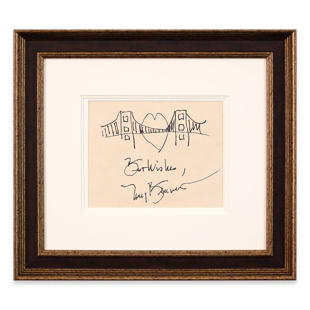 TONY BENNETT SIGNED SKETCH: Image Dimensions: 7 3/8 x 9 1/8 in (18.7 x 23.3 cm) Framed Dimensions: 19 1/8 x 17 1/4 in (48.7 x 43.8 cm) Provenance and Authentication: According to the Letter of Authenticity (LOA) and Certificate
