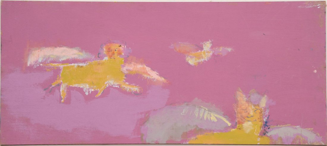 Outsider art painting of flying dogs: Whimsical Oil painting on panel by unknown outsider artist. Flying animals in surreal pink sky. overall size 14" x 32"