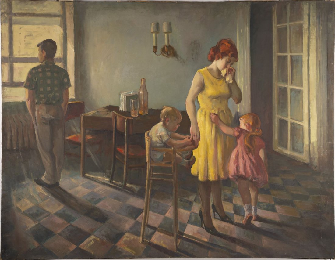 Huge Aschan School WPA Style Social Realism Painting: Antique American modernist interior scene. Oil on canvas. Unsigned. ***Please message for shipping/delivery quote***