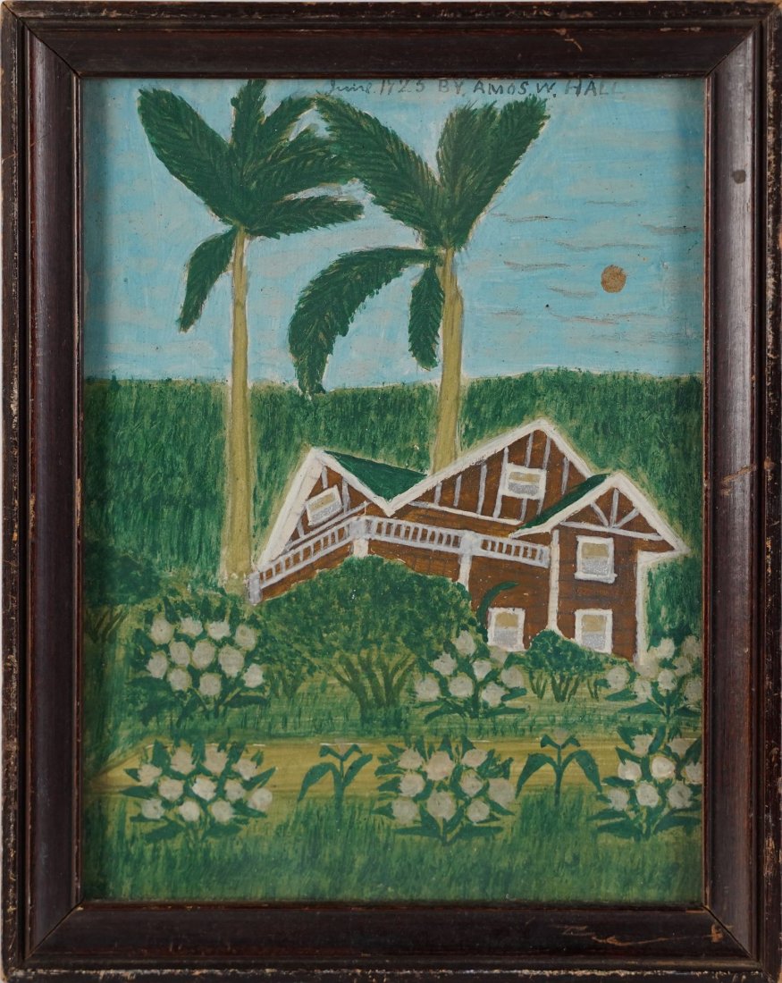 Antique Southern School Palm Tree 1927 Folk Art Painting (1 of 5)