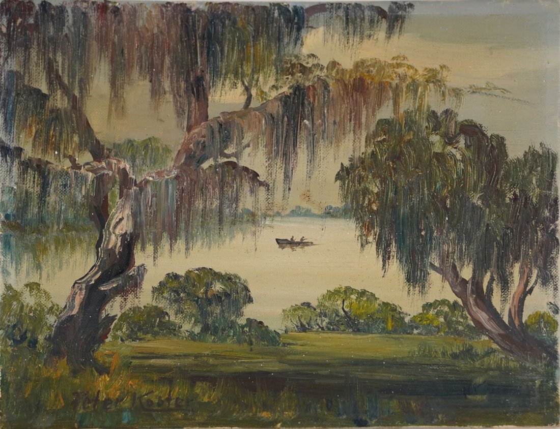 Peter Koster Signed Florida Spanish Moss Oil Painting: Antique oil on board. Image size, 10L x 8H