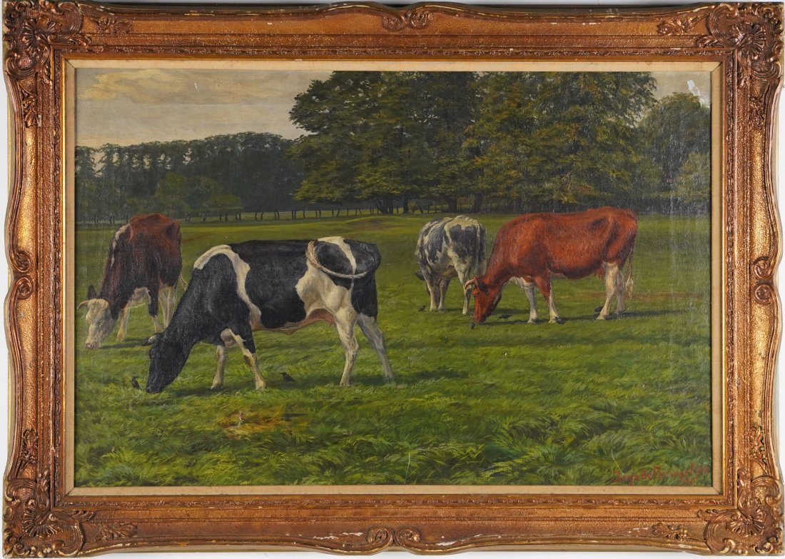 Large Impressionist Cow Landscape Signed Oil Painting (1 of 7)