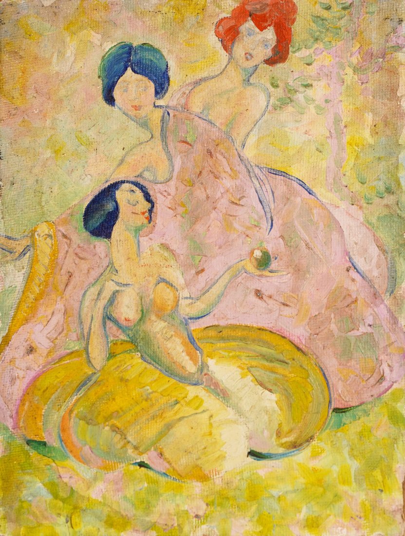 Antique American School Art Deco Nude Woman Portrait: Up for sale here is a nice early 20th century painting. Three women set against a modernist background. Oil on board. Image size, 9"L x 12"H.