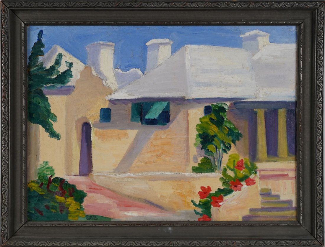 Tropical Bahama Signed Antique Impressionist Pink Painting: Nice impressionist painting. Oil on board. Signed in monogram. Image size, 16L x 12H.