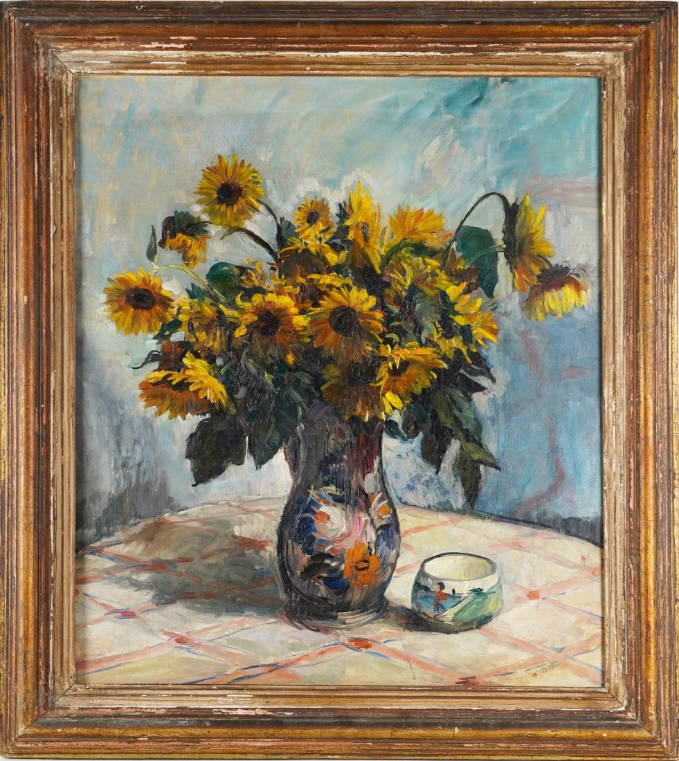 Alfred Mira Large Modernist Sunflower Still Life Oil Painting (1 of 6)