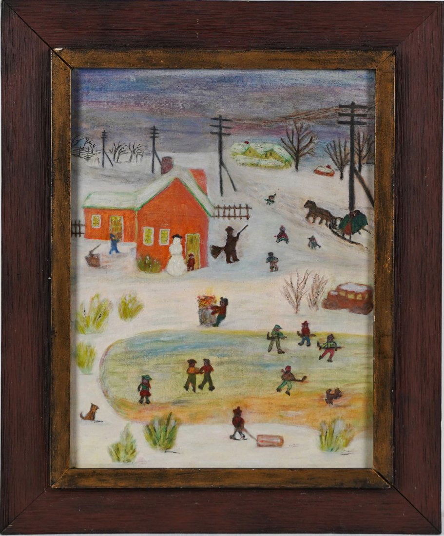Antique American Boston School Winter Folk Art Pond HockeyPainting (1 of 5)