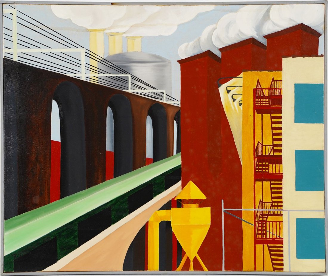 Vintage American Modernist Precisionist Cityscape Oil Painting (1 of 6)